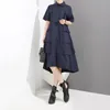 Neue Frau Sommer Solide Blau Elegante Stil Hemd Kleid A-Line Cascading Rüschen Büro Damen Casual Midi Kleid Robe Femme 3375 210331