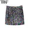 TRAF Dames Sexy Mode Shiny Color Sequin Mini Rok Vintage Hoge Taille Side Rits Dames Rokken Mujer 210415