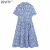 Zevity Femmes Vintage Bleu Floral Imprimer Casual Une Ligne Midi Robe Femme Agaric Dentelle Chic À Manches Courtes Kimono Robes DS8377 210603