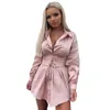 Sommer Damen Kleid Langarmshirt mit Gürtel Taille lässig weiblich Retro sexy rosa Mode 210419