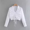 Reuniado Poplin Camisa Branca Mulher V Pescoço Manga Longa Crop Top Mulheres Chic Ajustável Drawstring Blusa de Verão 210519