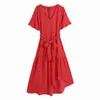 エレガントな女性のVネック水玉ドレスファッションレディース赤い弓サッシ甘い女性シックなサイドスリット非対称ES 210427