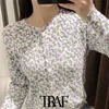 Traf Women Fashion Floral Jacquard Croped Sticked Cardigan tröja Vintage Långärmad Kvinna Ytterkläder Chic Topps 210415