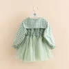 Barnens eleganta 3-8 10 12 år Långärmad prinsessa Plaid Mesh Patchwork Kids Baby Girls Lace Spring Autumn Dresses 210529