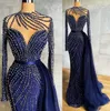 2021 Plus Size Arabisch ASO EBI Navy Blauw Luxe Prom Jurken Beaded Mermaid Kant Avond Formele Partij Tweede Receptie Growns Jurk ZJ464