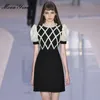 Sommar Mode Runway Black Mini Dress Women's Splicing Puff Sleeve Beading High Waist Short Party Vestidos 210524