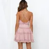 Verkoop Print Chiffon Mini Holiday Mouwloze Jurk Dames Sexy Back Cut Out Strand Party Frill Cobe voor Lady 210508