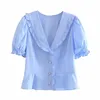 Kvinnors Blusar Sommar Toppar Smycken Knapp Ruffles Puff Sleeve Kvinnlig skjorta Blus Casual Fashion Chic Camisas Mujer Blusas 2021