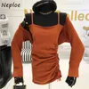 Sexy Spring Knit 2 Pcs Women Set Camis Shoulder Strapless Dress + Irregular Design Long Sleeve Sweater Fashion Suit 210422