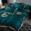 Oloey Silky Touch Bedding Set Luxo Bordado Cama Set Sólido Cor Dourado RIM Duveta Folha Rainha Rainha Rainha Tamanho 210706