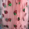 Sweet Strawberry Sequined Embroidery Cascading Ruffle Maxi Women Summer V-Neck Puff Sleeve Bow Pink Tulle Mesh Long Dress 210416