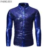 Chemise métallisée enduite de paillettes bleu Royal pour hommes Style discothèque à manches longues chemises à paillettes danse bal Bling Costume 210522