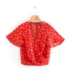 Frauen Blusen Shirts 2021 Frühling Frauen Chic Blumen Druck Kurze Bluse Weibliche Rot Mode V-ausschnitt Hülse Hemd Junge Dame strand