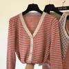 Elegant Fashion Stripe Knitted 3 Piece Sets Women Fashion Style Long Sleeve Cardigan+Vest+Wide Leg Pants Autumn Knit Suit 211118