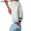 Tvättade denim byxor kvinnor pojkvän rippade jeans casual wide ben höga midja lång mamma mode byxor 210601
