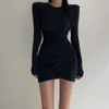 Мода девушка прохладный сплошной цвет осень тонкая футболка мини-платья женщин с длинным рукавом сексуальная элегантная вечеринка носить халат Femme 210520