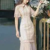 YOSIMI Estate Rosa Abito Donna Elegante Midi Jacquard e Maglia Manica Corta Stile Cinese Guaina Cheongsam Migliorato 210604