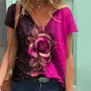 Women's T-Shirt 2022 Summer Vintage Rose Flower Printed Women Sexy V Neck Short Sleeve Tops Clothing Fashion Elegant Sling Slim Y2k Top