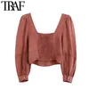 Women Sweet Fashion With Lace Trim Cropped Blouses Vintage Lantern Sleeve Back Elastic Female Shirts Chic Tops 210507