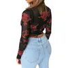 Moda 2020 Kobiety Letnia koszulka Dragon Drukuj Okrągły Neck Z Długim Rękawem Mesh Crop Tops Black X0527