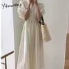 Yitimuceng Midi Dresses for Women Lace Up Puff Sleeve High Waist Unicolor White Blue Sundress Summer Korean Fashion Dress 210601