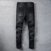 Erkek tasarımcı kot pantolon yüksek elastics sıkıntılı yırtık ince fit motosiklet bisikletçisi denim erkekler moda siyah pantolon#030KWIM