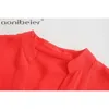 Czerwone luźne topy Lato Moda Kropla Ramię V Neck Slit Side Kobiety Casual Bluzki Kobiet Nadgarstek Rękaw Swetry 210604