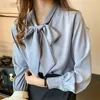 Kimutomo elegant mode kvinnor chiffon blus koreansk stil långärmad båge tröja kontor dam vit blå kläder våren 210521