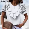 Ruche Blad Korte Mouw Vrouwen Blouse Chiffon Mode Paars O-hals Blouses Femme Zomer Dame Losse Elegante Casual Tops 210514