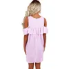 Ruffle Women Dresses Sexy Off Shoulder Zipper Back Blue And White Striped Cute Dress Casual Summer Dress 210522