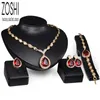 Ensembles de bijoux Bracelet de luxe pour femmes Ensemble de fête de mariage Goutte d'eau Collier en cristal rouge Boucles d'oreilles Bague de haute qualité Or indien