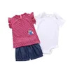 Baby Girl 3pcs Set Cartoon Bodysuit + T-shirt + Shorts Bomull Outfits Kläder E26535 210610