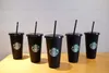 Tumblers Starbucks 24oz/710ml 플라스틱 텀블러 재사용 검은 색 음주 평평한 바닥 컵 기둥 모양 뚜껑 밀짚 머그 30 조각 무료 DHL