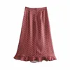 Button Satin Skirt Women Vintage Polka Dot Wine Red Slit Maxi High Waist Boho Ruffle A-line Silk Bottom 210427