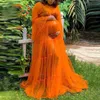 Moda Odwiedzać za pośrednictwem Sleepwear Maternity Szata Kobiety Sukienka Długie Rękawy Sheer Tulle Sukienki do fotografii Shoot Orange Nightwear Szaty