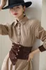 Corduroy Tunic Asymmetrical Brown Shirt Dress Women Long Sleeve Button Up Collar Corset Mini Designer Belt 210427