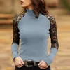 Women's T-Shirt Fashion Sexy Lady Pullover Lace Stitching Long-sleeved Solid Color Women Tops Autumn Winter Half High Neck T-Shirts Tees S-2