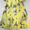 Designer Fashion Runway Vintage Midi Jurk Vrouwen Lange Mouw Elegante Bow Riem Geel Bloem Print Chiffon Vestdios 210421