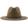 Solid Color Classic Wide Brim Faux Wool Felt Jazz Fedora Hat with Leather Belt Men Women Goth Top Vintage Party Cap L XL