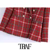 TRAF femmes mode Double boutonnage vérifier Tweed Blazers manteau Vintage à manches longues avec boutons vêtements de dessus pour femmes Chic hauts 210415