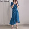 Nomikuma Koreaanse stijl Floral Gedrukt Jurk Dames V-hals Korte Mouw Drawstring Lace Up Summer Jurken Vintage Vestidos 3B357 210514