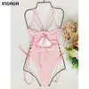 Maiôs push up INGAGA Roupas de banho femininas Bodysuits com cadarço Sólidos Corte alto Banhistas Sexy Maiôs sem costas 210712