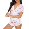 Women Home Playsuits Summer Sexy V-Neck Short Sleeve Letter Print Slim Romper Sweet Sexy Ladies Buttons Bodycon Pajamas Jumpsuit 210507