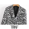 TRAF Women Fashion Zebra Print Beskuren Blazer Coat Vintage Långärmad Animal Mönster Kvinna Ytterkläder Chic Toppar 210415