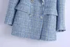Femmes Vintage Revers À Manches Longues Vérifiez Double Boutonnage Texture Veste Manteau Mode Slim Bleu Chic Femme Tops 210507