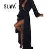 Produkt Moda Classic Black Madi Suknia Wieczorowa Dla Kobiet Głęboki V Neck Długi Rękaw Robe Sexy Clubwear 210525