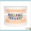 Colorful Shiny Teeth 18K Gold Plated Macro Pave Cz Iced Out Sets Top And Bottom Hip Hop Grillzs Style Pb29Q Grillz Dental Grills Odo0Z