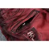 Neue Mode Herren Jeans Weinrot Gespleißt Slim Löcher Zerrissene Jeans für Männer Große Tasche Cargo Hosen High Street Hosen Biker