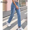 Zipper Fly Solid High Taille Jeans Spring Summer Femmes Mode Raw Hem Streetwear Denim Pantalon avec ceinture de chaîne 210510