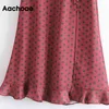 Elegante polka dot knop voorzijde split rokken ruches vintage een lijn lange rok dame bodems faldas largas 210413